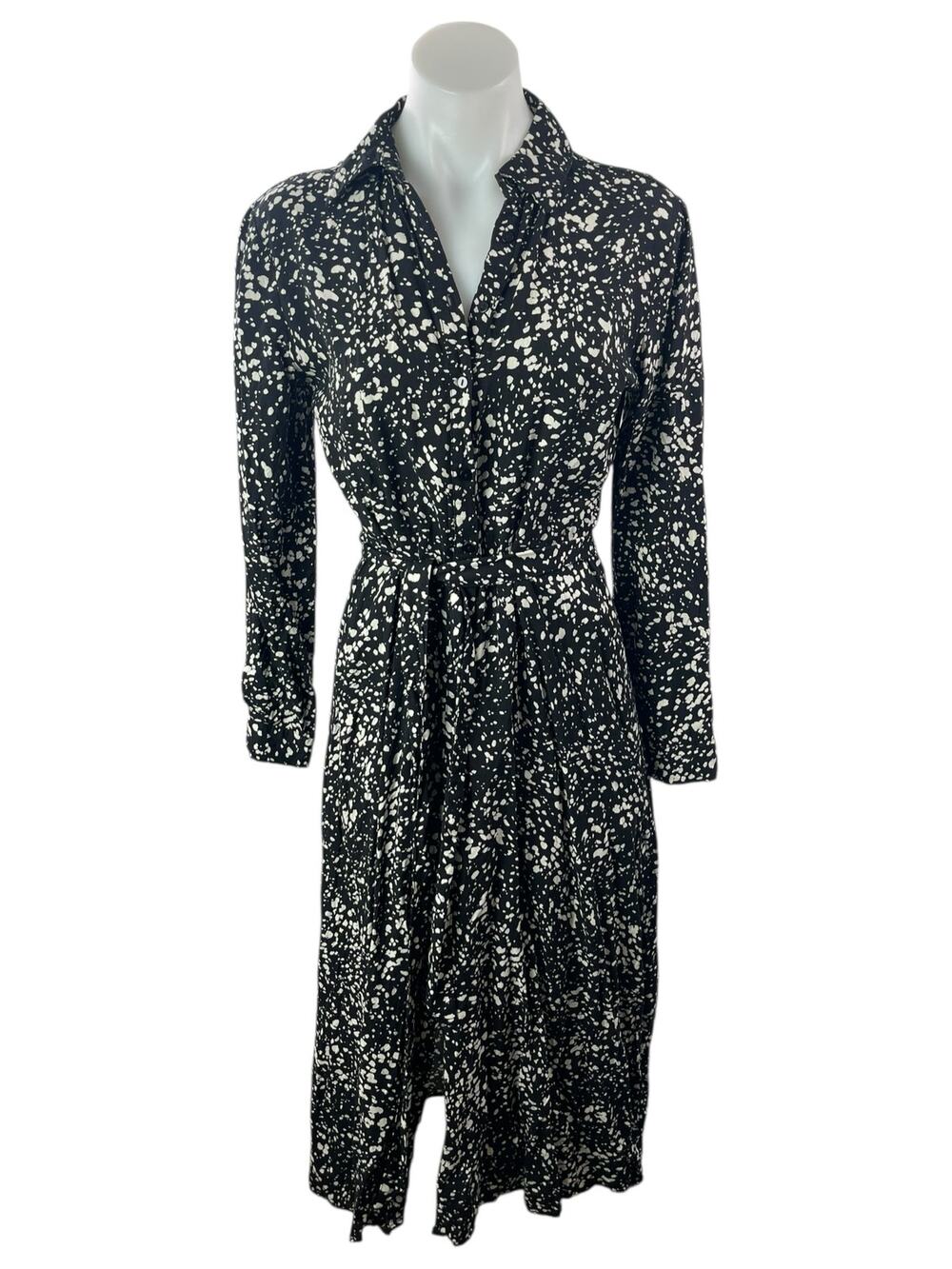 Stradivarius Black White Long Sleeve Speckled Dot V Neck A Line Midi Dress Sz S